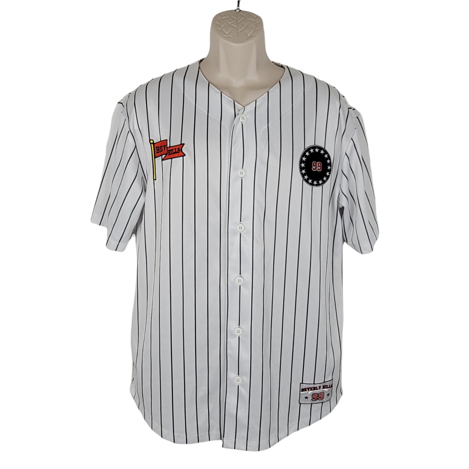 Forever 21 Beverly Hills Baseball Jersey Mens XS Oversized Pinstripe White Black gallery