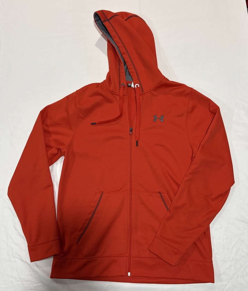 Under Armour Mens Hoodie Jacket Medium Orange Loose Full Zip Pockets Gray Logo