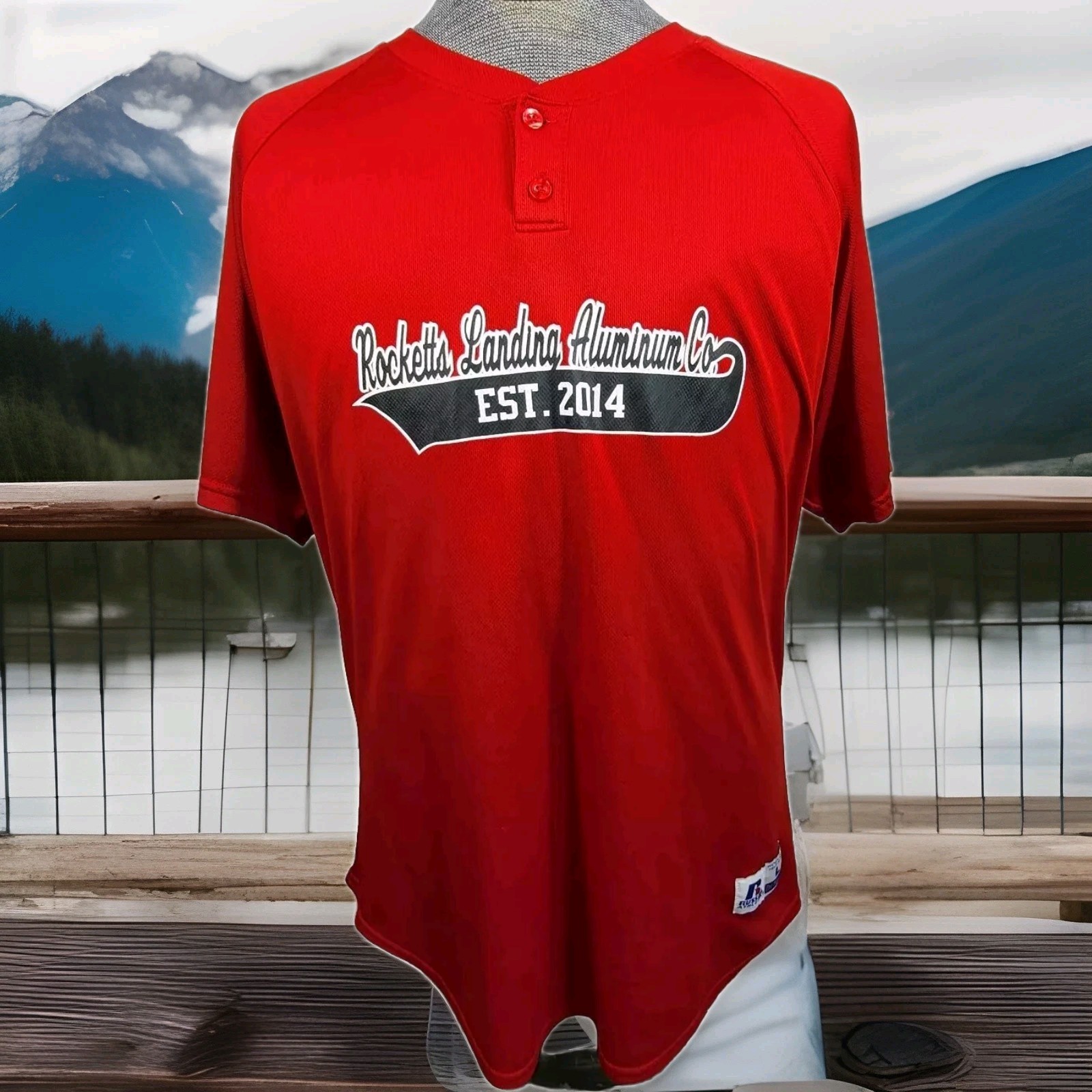 Russell Athletic Henley Jersey Mens Large L Red Rocketts Landing Aluminum gallery