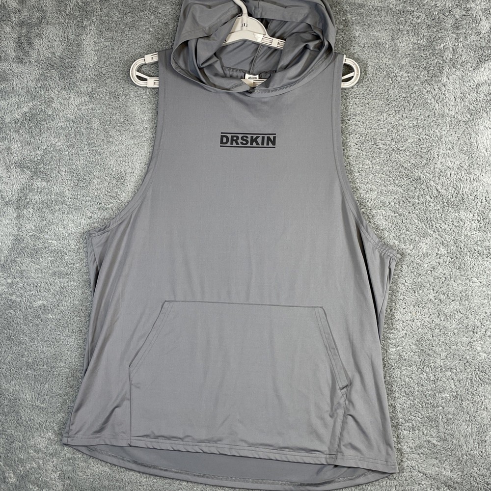 DRskin Hoodeed Tank Top Men XL Gray Sleeveless Compression Shirt Kanga Gym Train