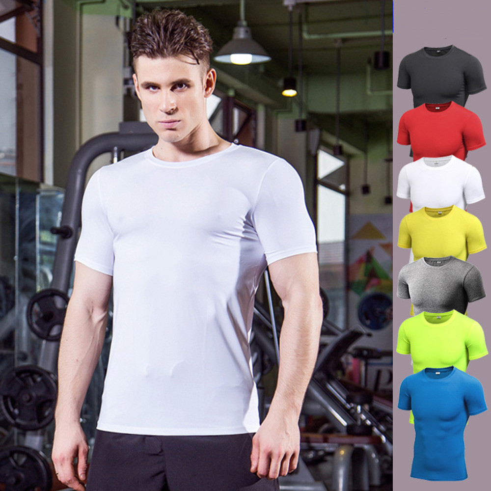 Men Tight Short Sleeve Activewear Running Fitness Athletic Shirts Sportswear gallery