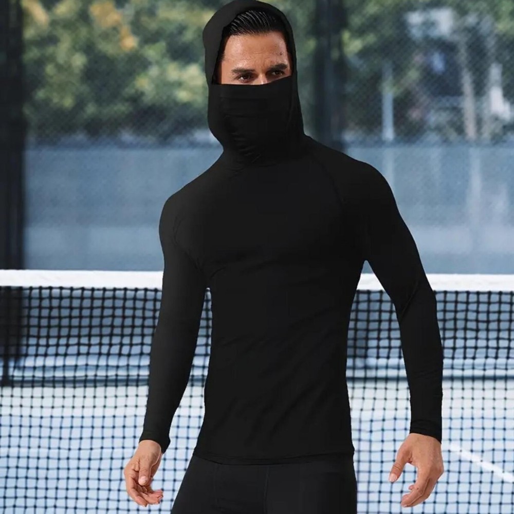 Mens Outdoor Sports Top Shirt Hooded Compression Long Sleeve T-shirt for Cycling