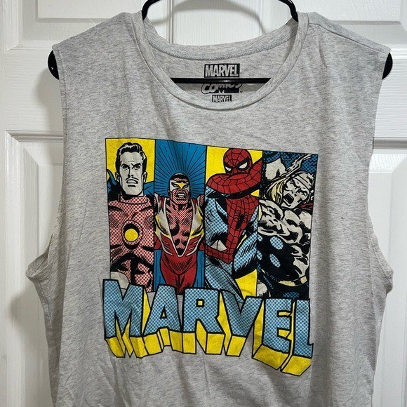 Marvel Comics Superhero Sleeveless Tank Top XL Gray Iron Man Spiderman Thor