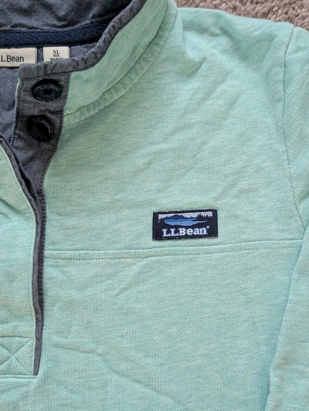 LL Bean Snap Pullover Mens XL Mock Neck Textured Knit Seafoam Heather Midweight gallery
