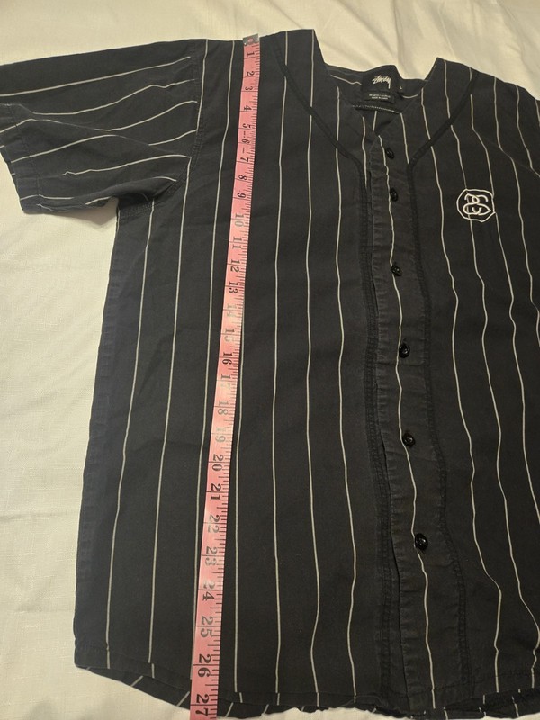 Stüssy Black Pinstripe Baseball Jersey Stock Log Embroidered Rare Sz L gallery