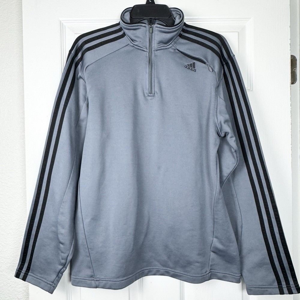 Adidas Men's 1/4 Zip Pullover Medium Gray Black 3-Stripe Zippered Chest Pocket