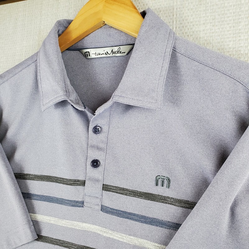 TRAVIS MATHEW Size Medium Mens Indigo Stripe Performance Golf Casual Polo Shirt gallery