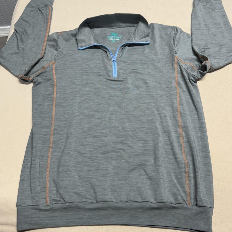 Wears Woody Pullover Mens XL Gray Blue Quarter Zip Made USA Bamboo Blend Patch gallery