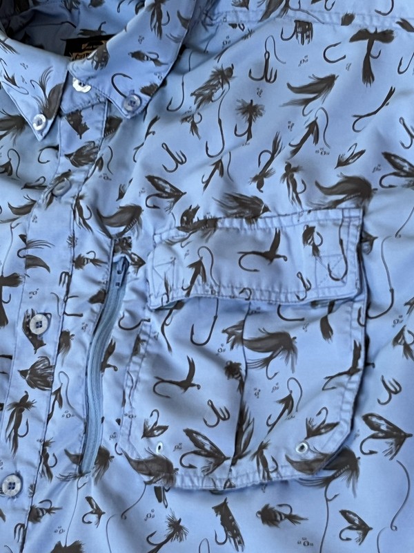 Fly Fishing Shirt Mens XL Blue Long Sleeve Fly Lure Print Vented Guide Gear gallery
