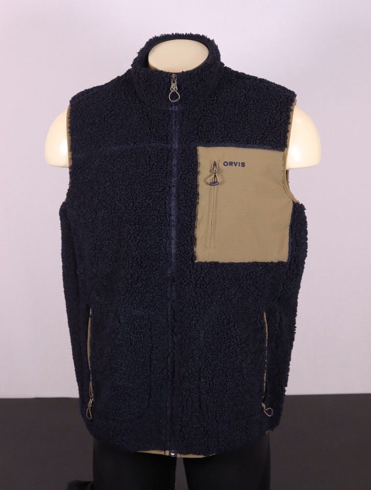 ORVIS Men's Large Classic Sherpa Fleece Outdoors Vest Navy Blue
