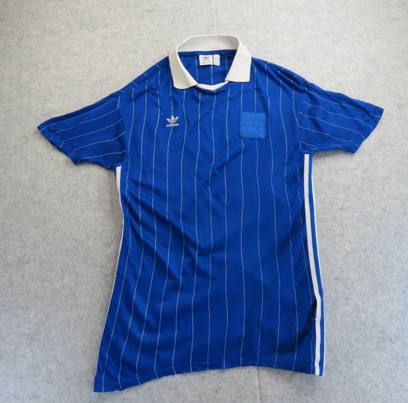 Adidas Polo Shirt Mens Large Blue Striped Acrylic Soccer Jersey Trefoil Patch gallery