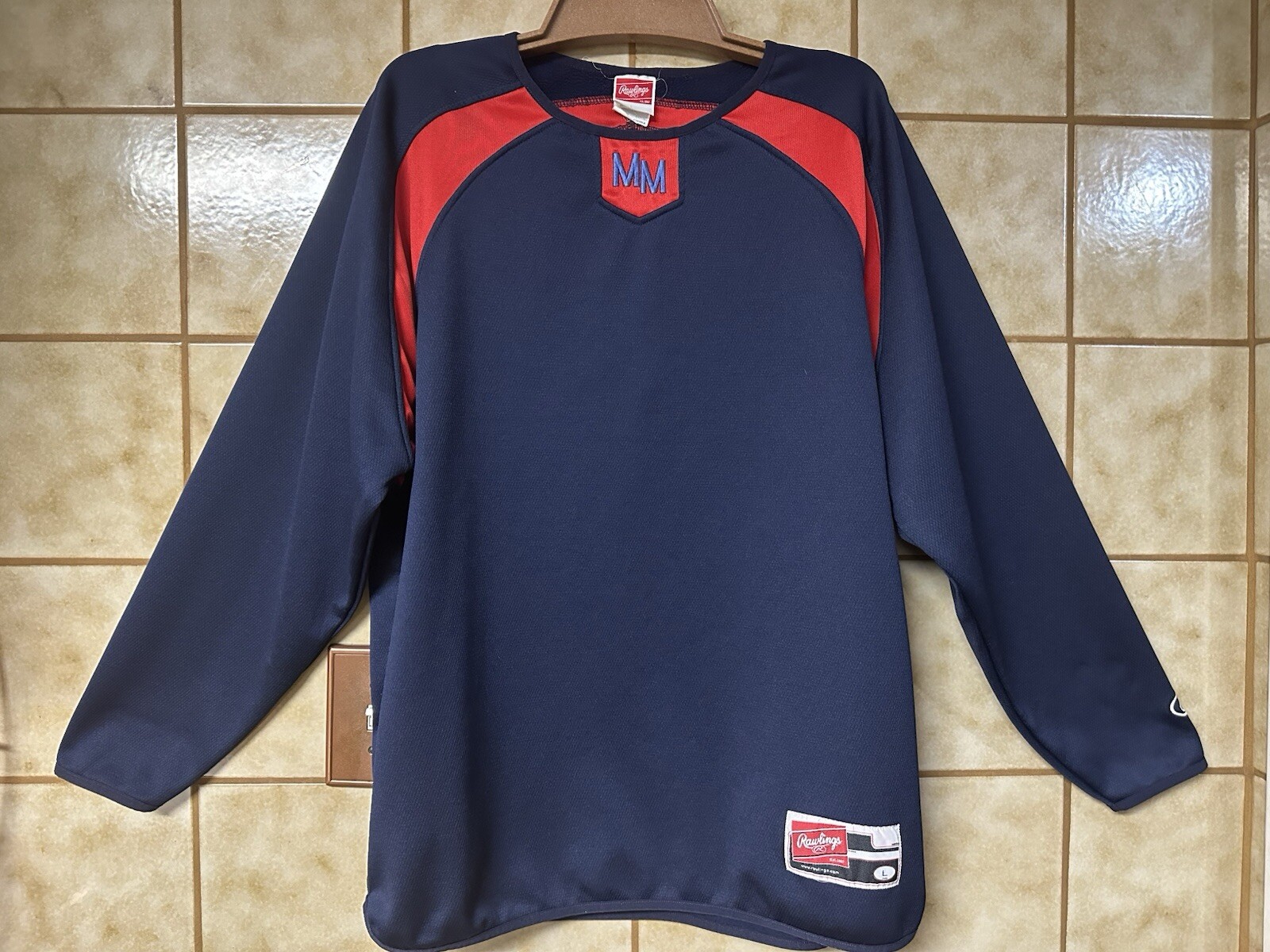Rawlings Men’s Pullover Long Sleeve Jersey Shirt, Sports Outdoor Navy Red, Sz Lg gallery
