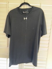 Athletic Shirts, 5 T-Shirts, 2 Black, 1 Grey With 1 Small Rip, 1 Blue, 1 Orange.