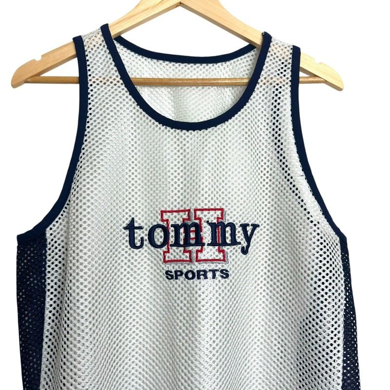 VTG 90s Tommy Sports Mesh Jersey Tank White/Blue Large Y2K Spellout gallery