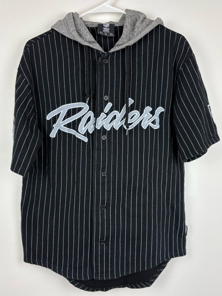 NFL Black Pinstripe Oakland Raiders Hooded Button-Up Jersey XS Good Condition