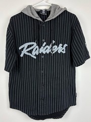 NFL Black Pinstripe Oakland Raiders Hooded Button-Up Jersey XS Good Condition