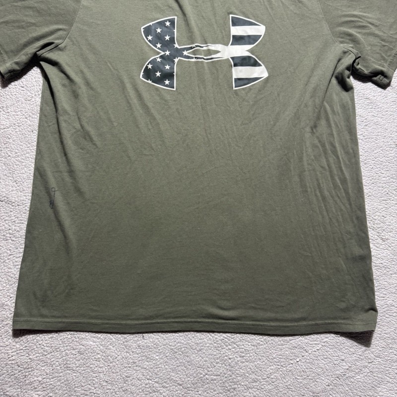 Under Armour Shirt Mens XL Loose Fit Army Green American Flag Logo HeatGear Crew gallery