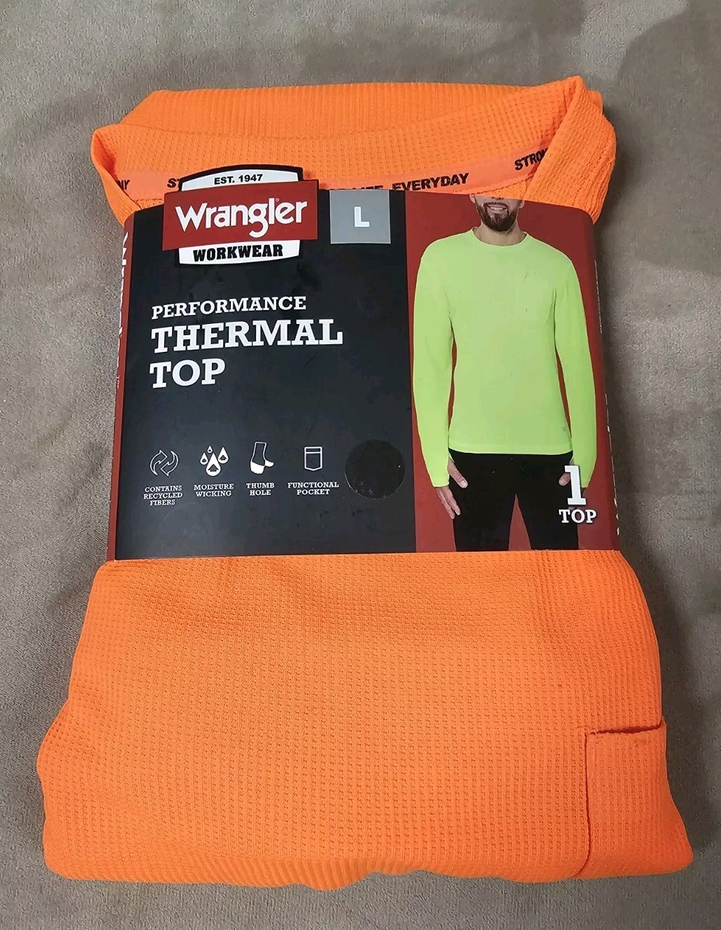 Wrangler Men's Workwear Performance Thermal Top Shirt Safety Orange Large Pocket gallery