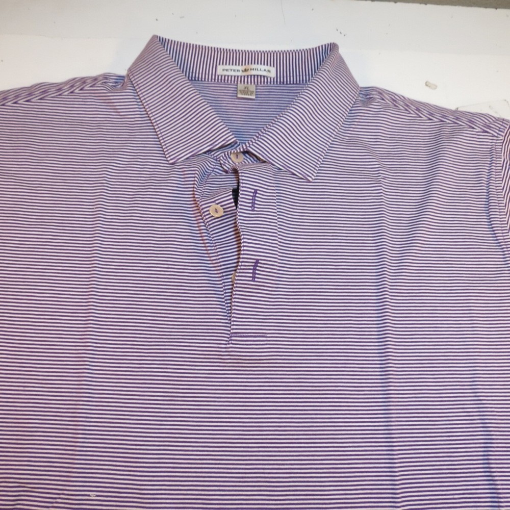 PETER MILLAR designer GOLF POLO SHIRT Mens L Striped Purple & White