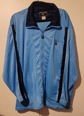 VINTAGE “RIGO ACTIVE” BLUE BLACK STRIPE FULL ZIP SPORT JERSEY JACKET SIZE XL