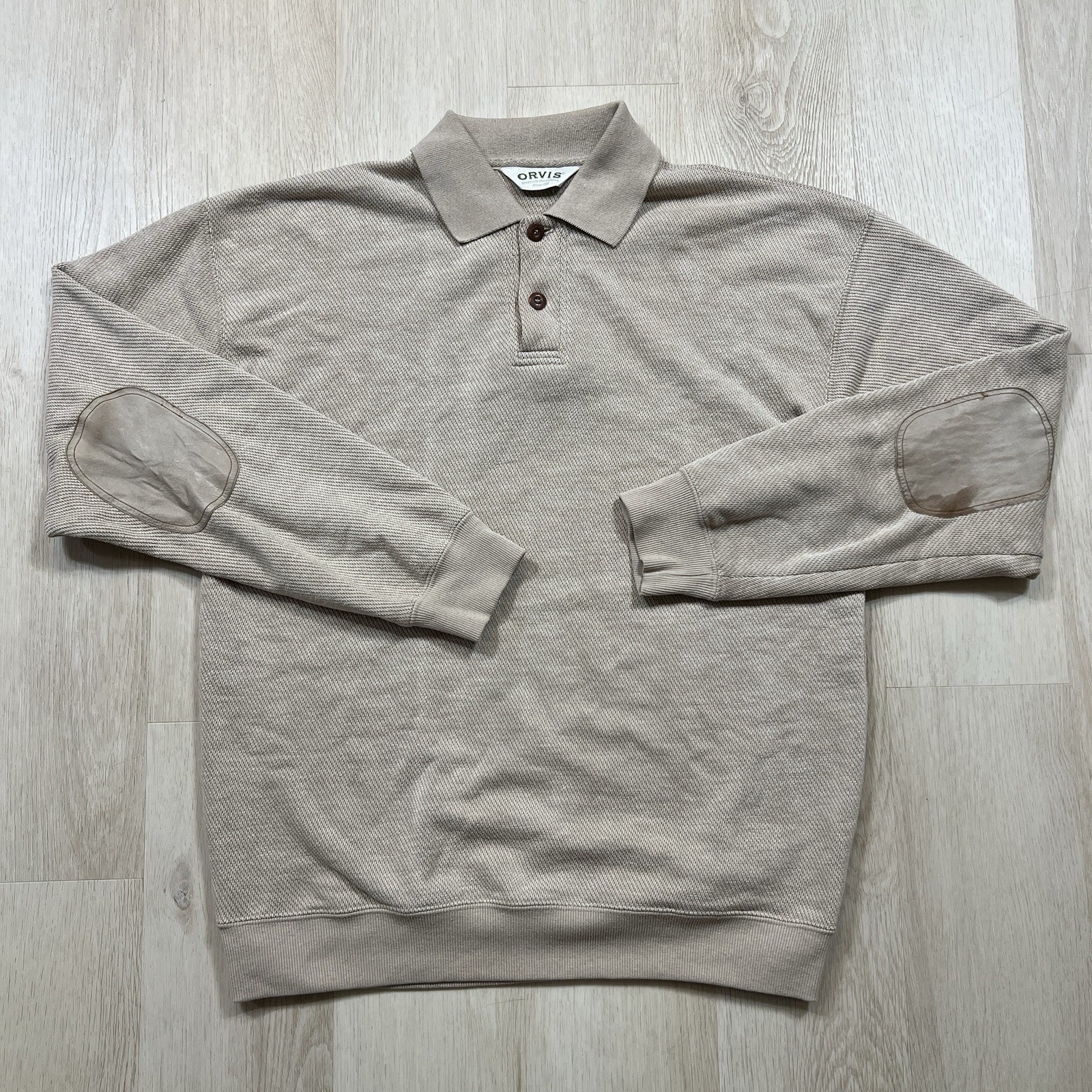 Orvis Henley Cotton Polyester Long Sleeve Shirt Men’s Medium Beige Elbow Patch gallery