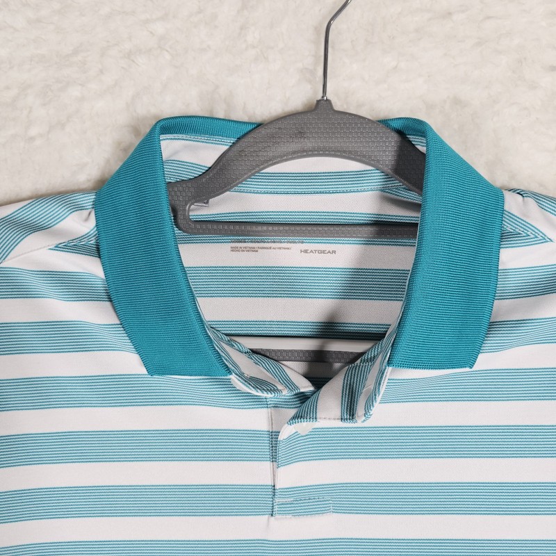 UA Under Armour Mens Polo Shirt Size Medium Heat Gear Blue Green Striped gallery