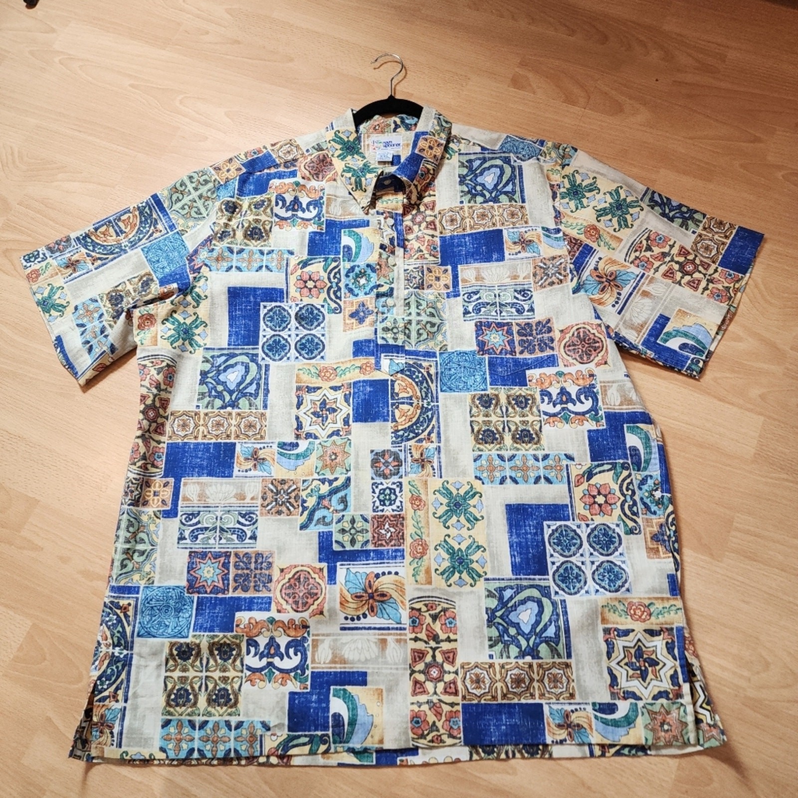 Reyn Spooner Button Placket Pull Over Short Sleeve Shirt Blue Beige Multi XXL gallery