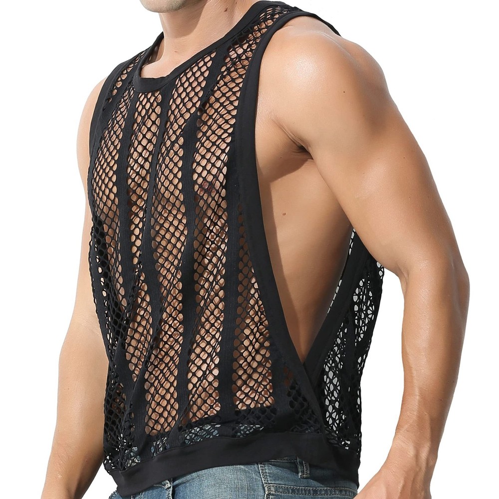 Mens Fishnet Mesh Transparent Sleeveless Muscle T-Shirts Vests Casual Tank Tops