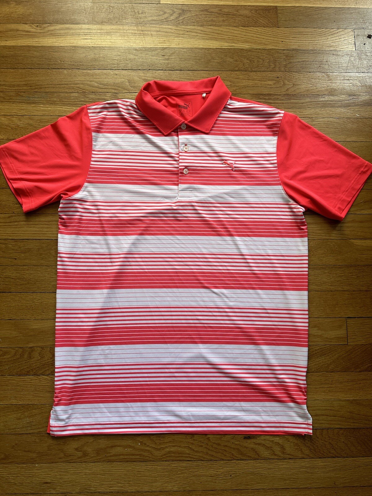 PUMA DRY CELL MEN'S GOLF POLO SHIRT PINK WHITE MEDIUM USED POLYESTER gallery
