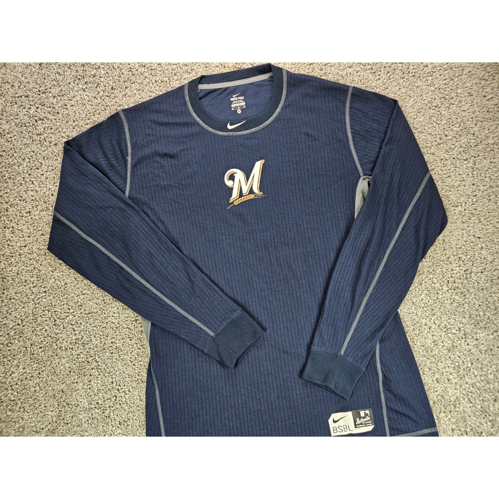 Nike Pro MLB Authentic Milwaukee Brewers BSBL Long Sleeve Shirt Mens XL Stretch gallery