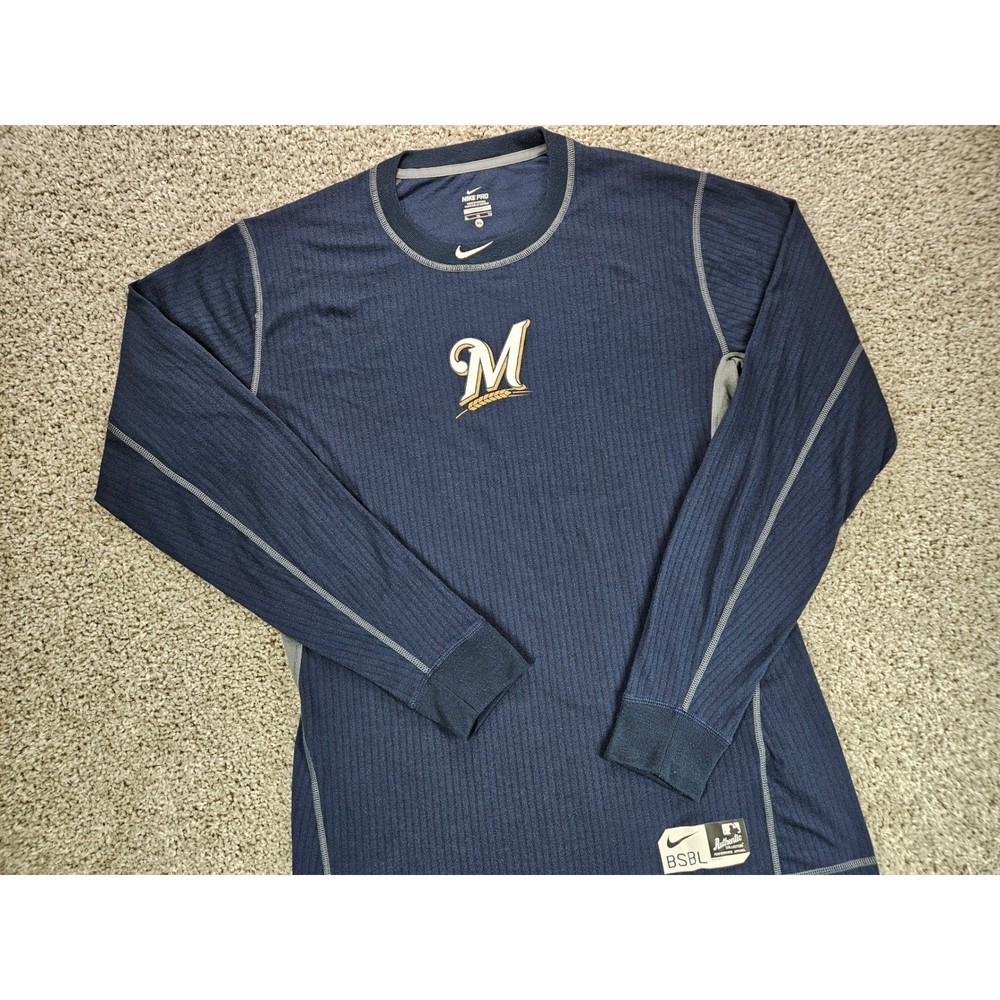 Nike Pro MLB Authentic Milwaukee Brewers BSBL Long Sleeve Shirt Mens XL Stretch