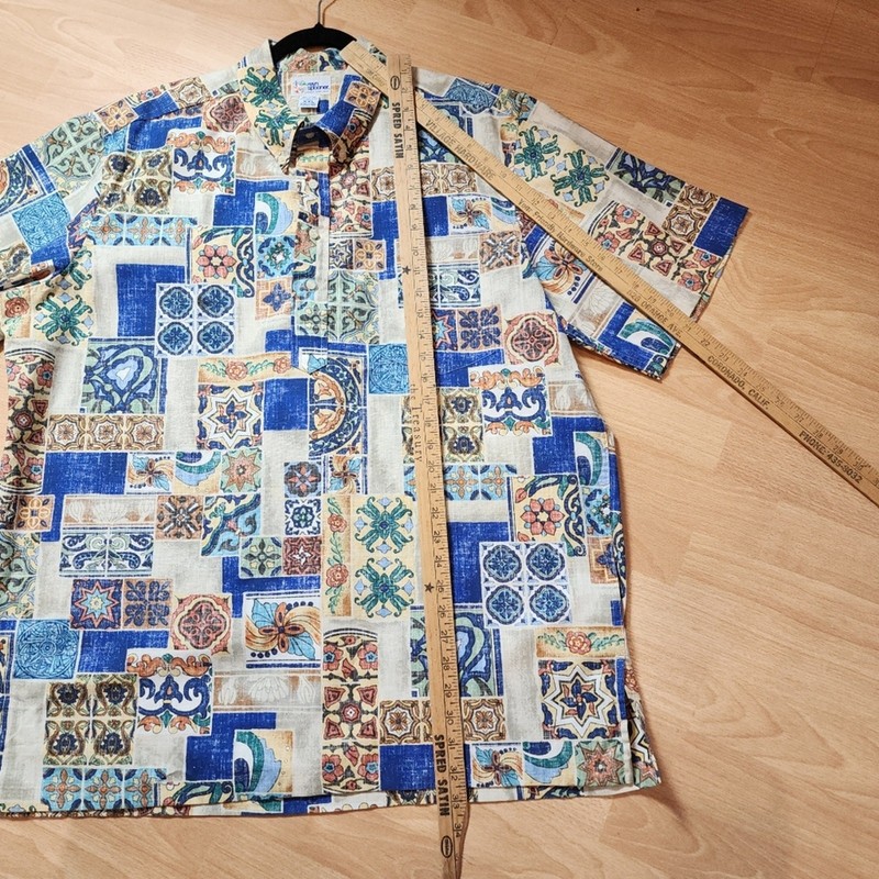 Reyn Spooner Button Placket Pull Over Short Sleeve Shirt Blue Beige Multi XXL gallery