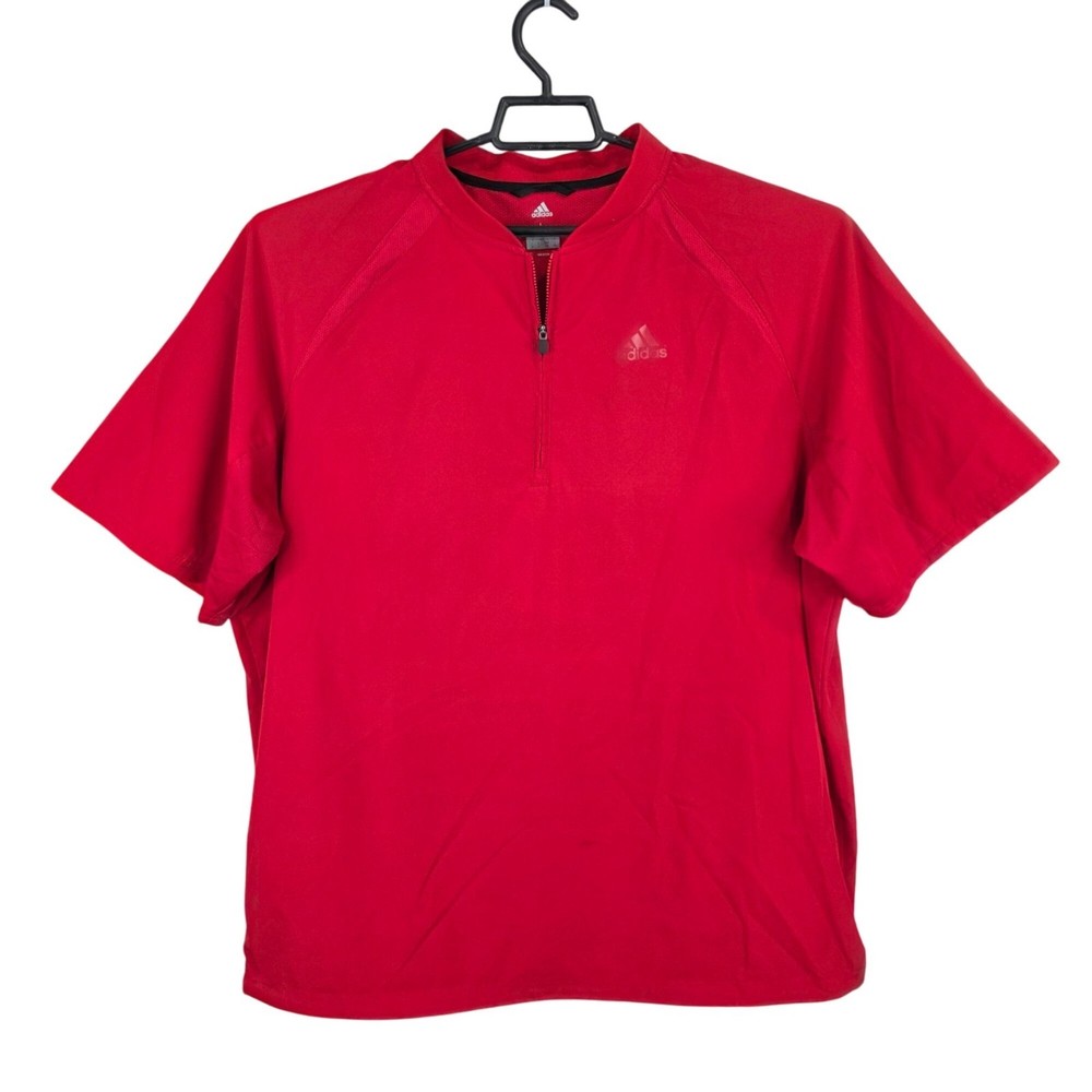 Mens Adidas Red Athletic Vented Windbreaker Shirt 1/2 Zip Short Sleeve Size L