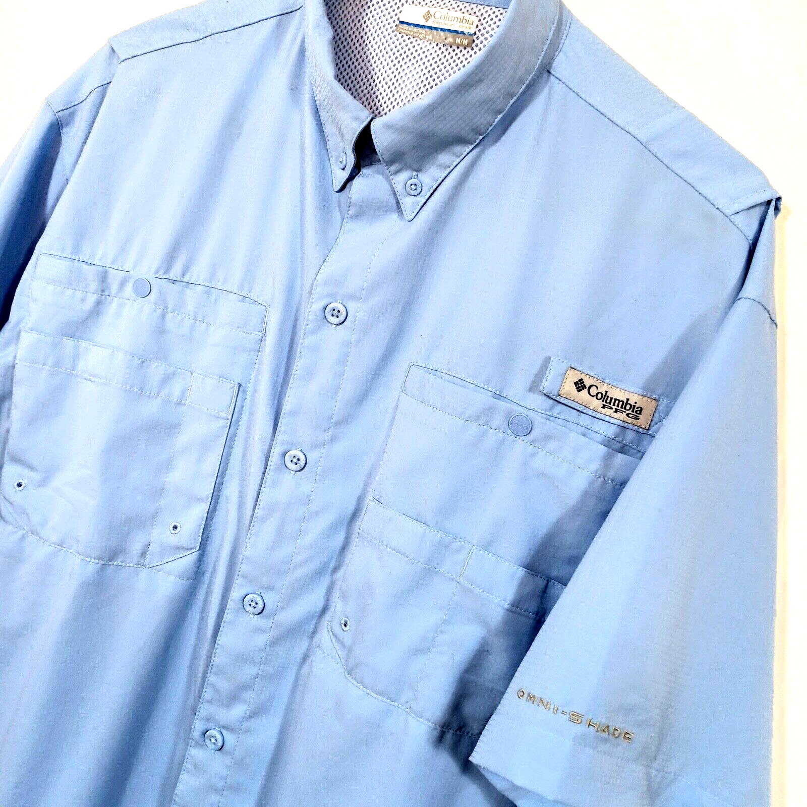 Columbia PFG Fishing Hiking Shirt Omni Shade Vented w Pockets Blue Mens Size Med gallery