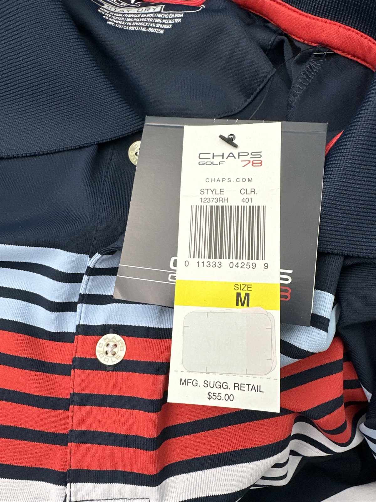 New CHAPS 78 Golf Stay Dry Polo Shirt Short Sleeve Blue White Red Stripes Med gallery
