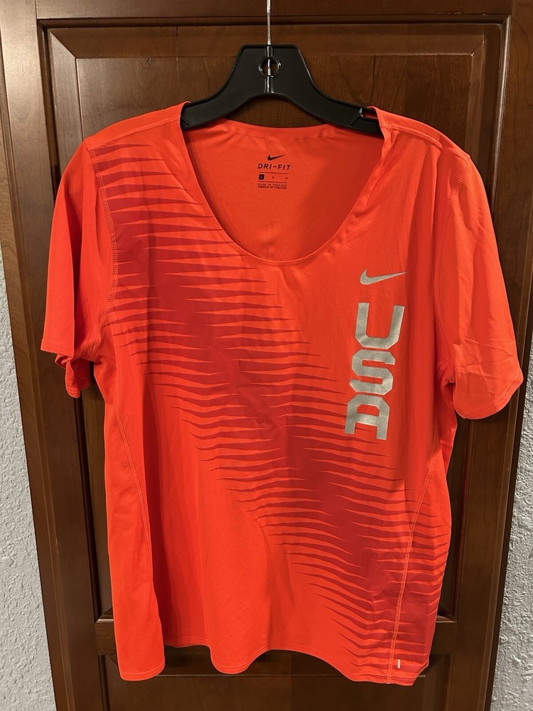 Nike Running Dri Fit Shirt Men L Team USA Rise 365 Short Sleeve Top Chile Red