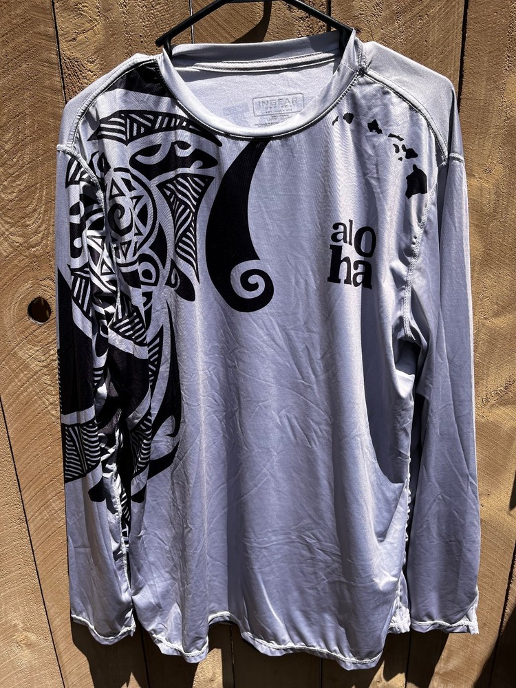 In Gear Hawaii Aloha Graphics Long Sleeve GRAY Rashguard Shirt UPF 50+ - Men's L