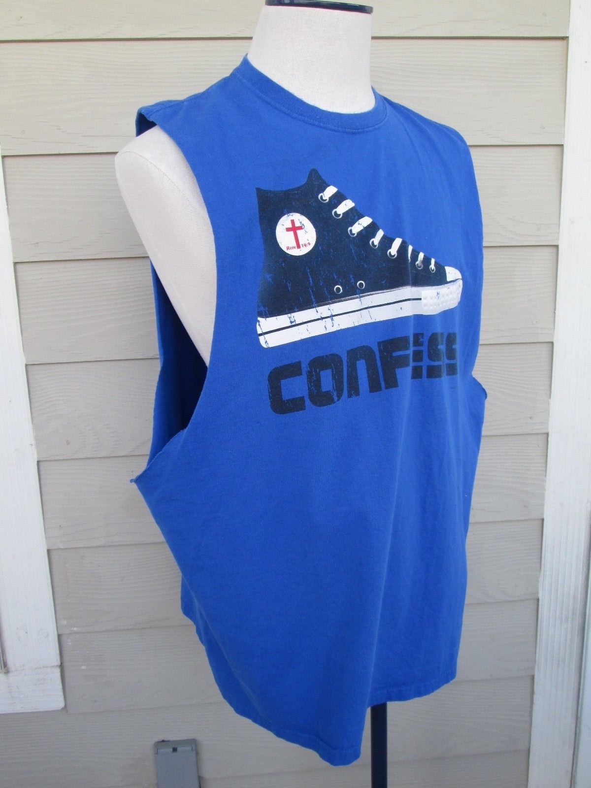 VINTAGE Converse Confess Sneaker Shirt XXL Blue Christian Religious Tank Top Men gallery
