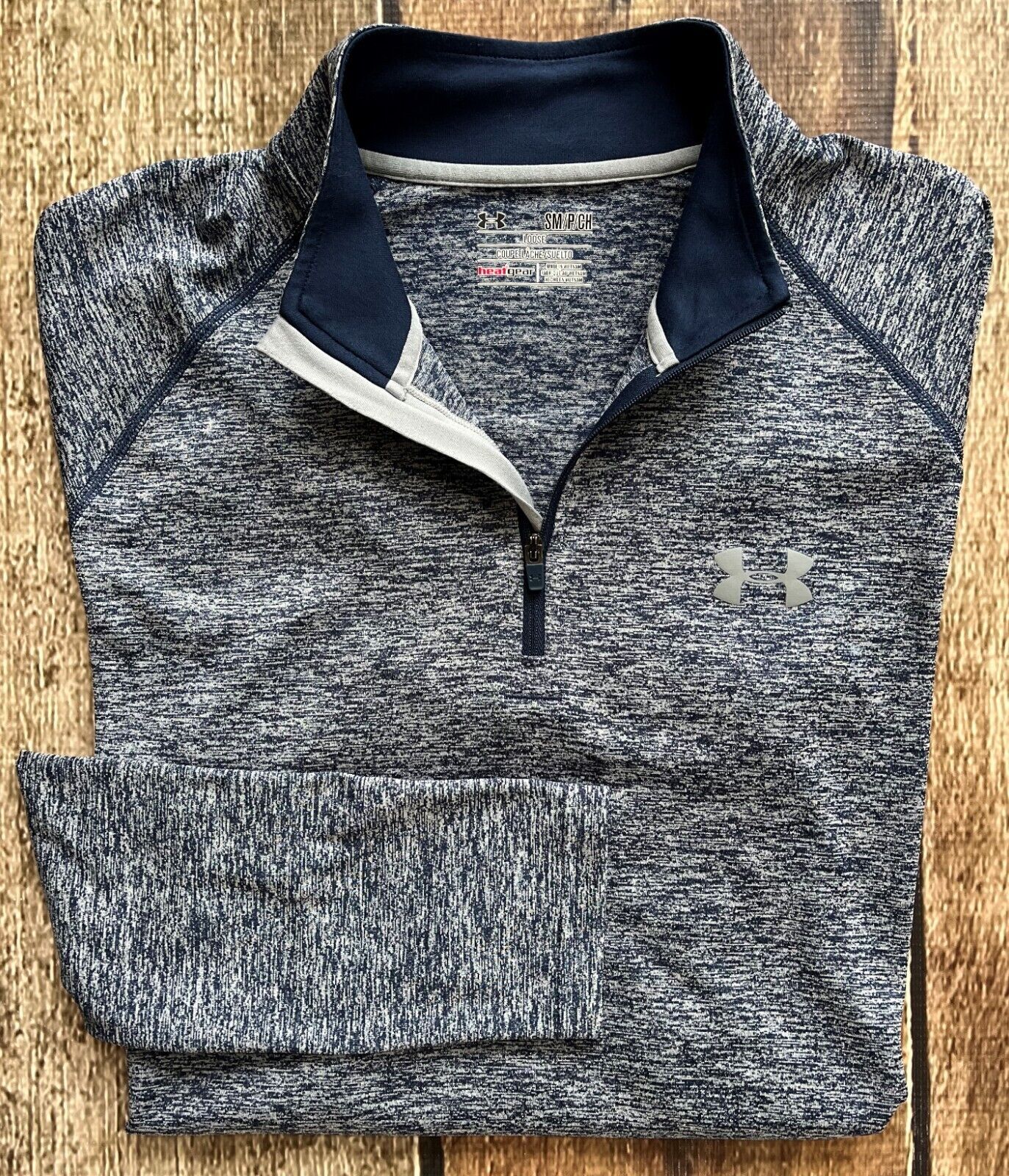 UNDER ARMOUR HEATGEAR LOOSE LONG SLEEVE 1/4 ZIP BLUE MARLED SHIRT MENS SMALL EUC gallery