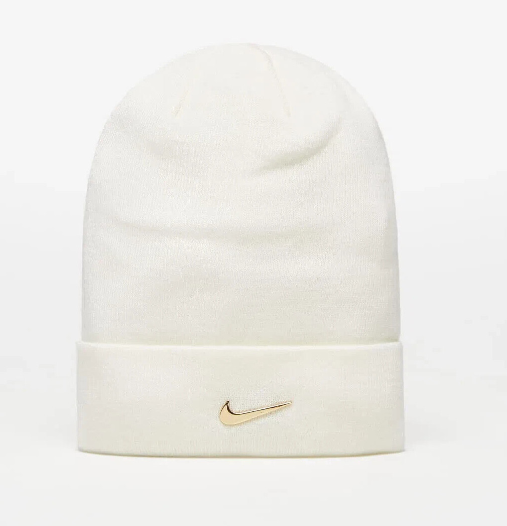 NEW Nike Sportswear Cuffed Beanie White Gold Metal Logo One Size Men’s gallery