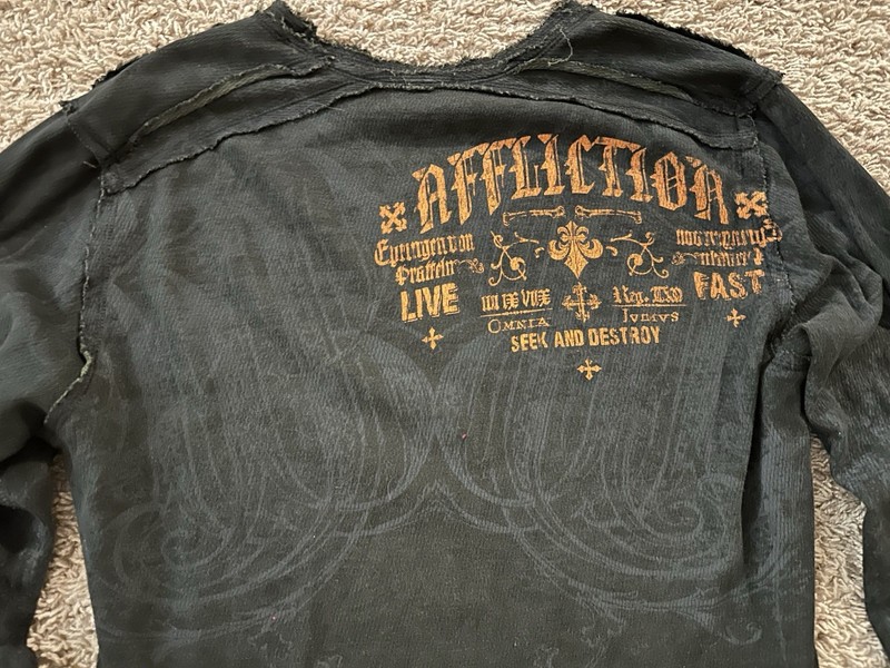 Affliction American Customs Men's XL Long Sleeve Graphic T-Shirt Black Green gallery