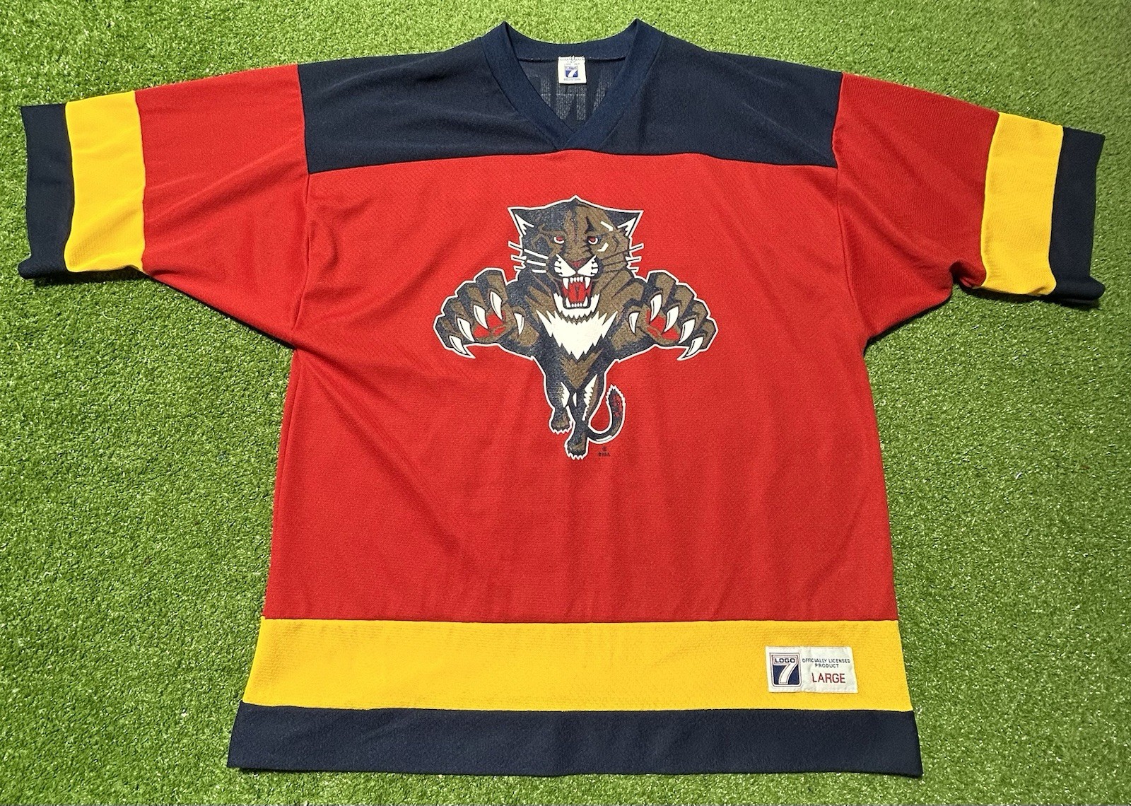 Vintage Logo 7 Florida Panthers Ed Jovanovski #55 Red Yellow Men’s Sz Large gallery