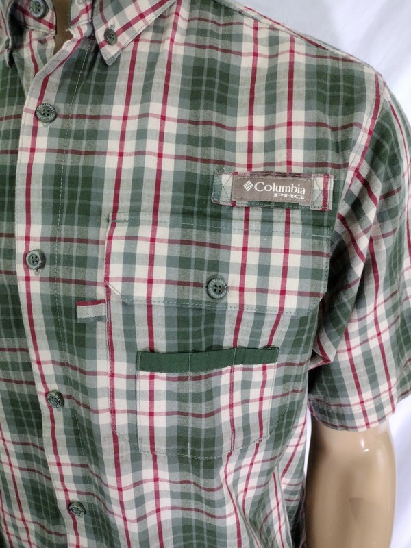 COLUMBIA PFG FISHING / RIVER SHIRT Mens M Olive Green Red Tan Plaid Checked SS gallery