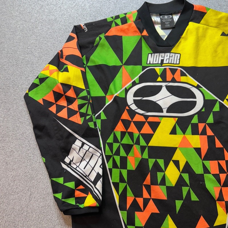 Vintage No Fear Motocross Jersey Mens Small Black Neon Geometric Spectrum BMX MX gallery