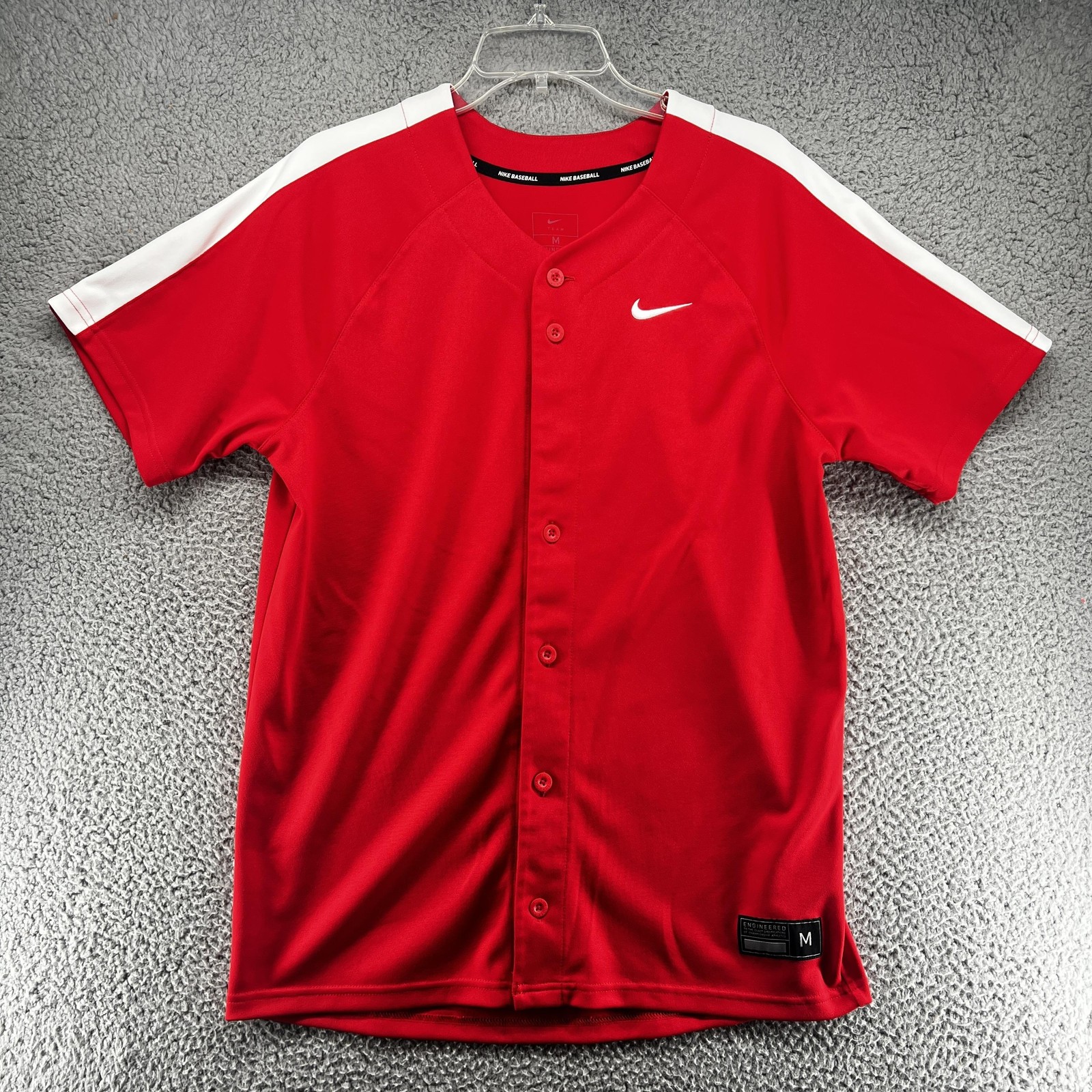 Nike Baseball Jersey Shirt Mens Medium Red White Button Front Team Raglan Swoosh gallery