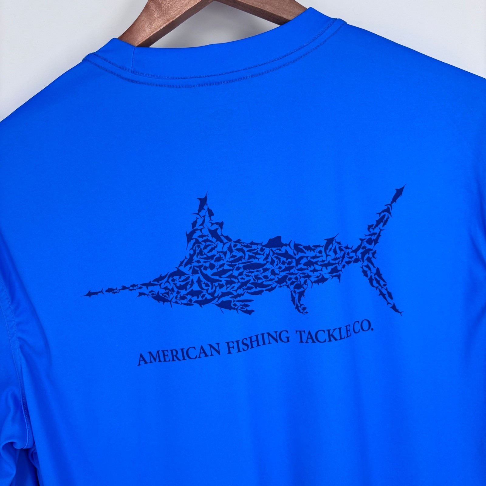 AFTCO Performance Fishing Shirt Mens XL Blue Long Sleeve Sun Marlin Graphic Tee gallery