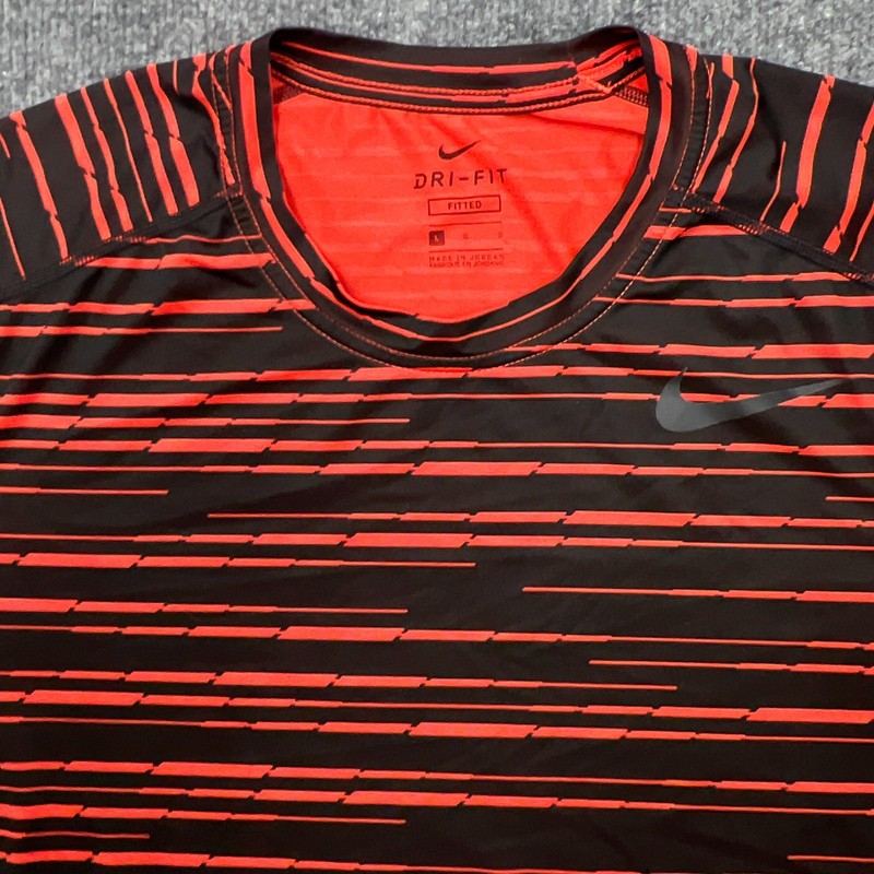 NIKE Athletic Shirt Mens L Fitted Red Black Stretch Dri Fit Gym Workout Running gallery