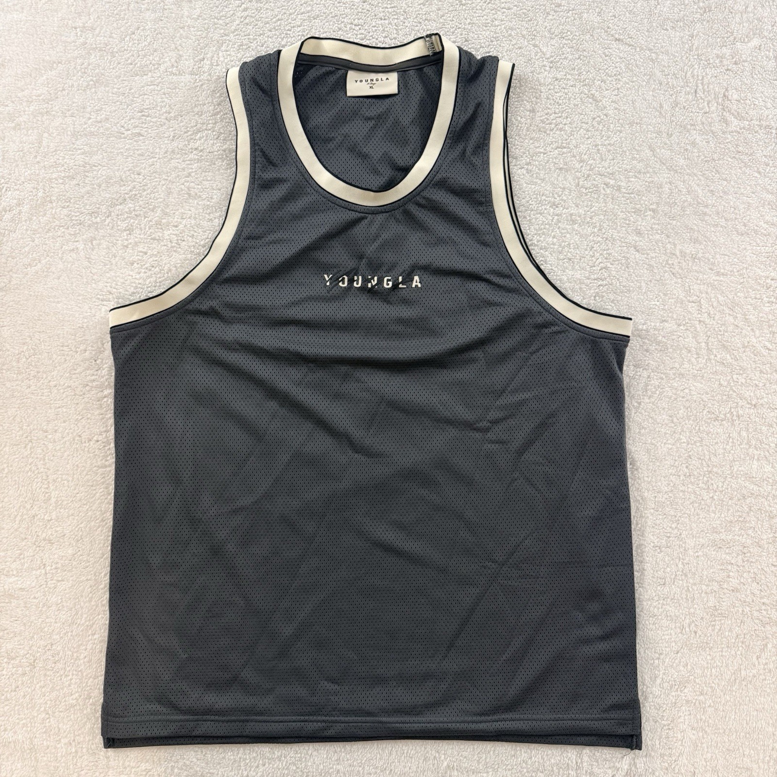YOUNG LA MESH BASKETBALL JERSEY TANK TOP MENS XL BLACK CREAM TRIM GYM NWOT gallery