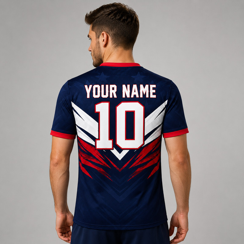 USA Patriotic Soccer Jersey V Neck Personalized Name Number Red White Blue Shirt gallery