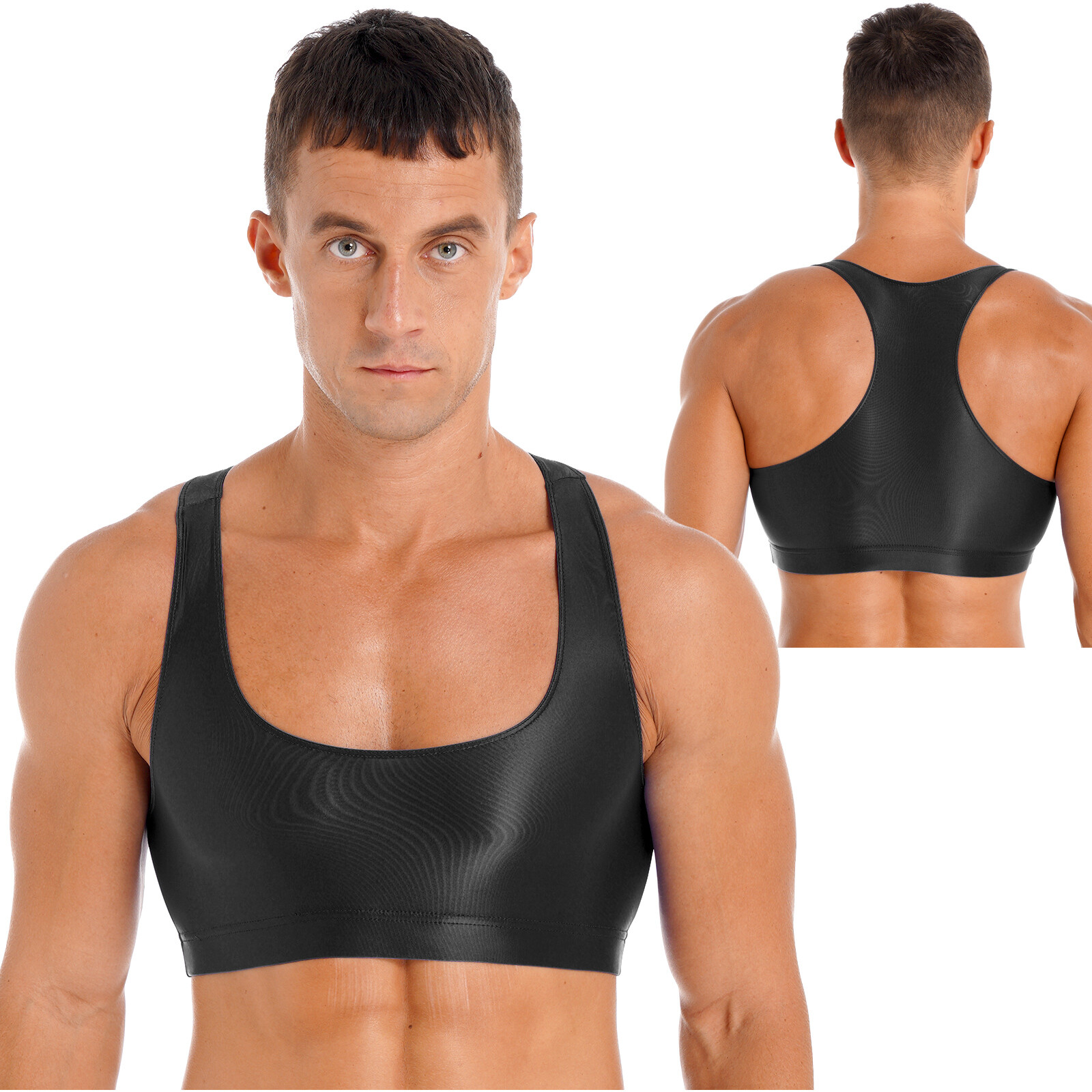 Mens Glossy Racerback Muscle Crop Top Vest Gym Fitness Running Athletic Shirt gallery